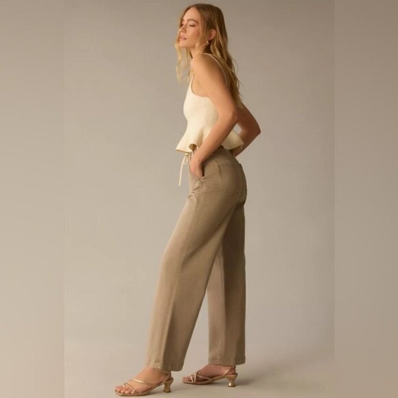 ANTHROPOLOGIE Paige Carly High-Rise Wide-Leg Jeans Moss Taupe Sz: 33 NWT - Picture 2 of 13